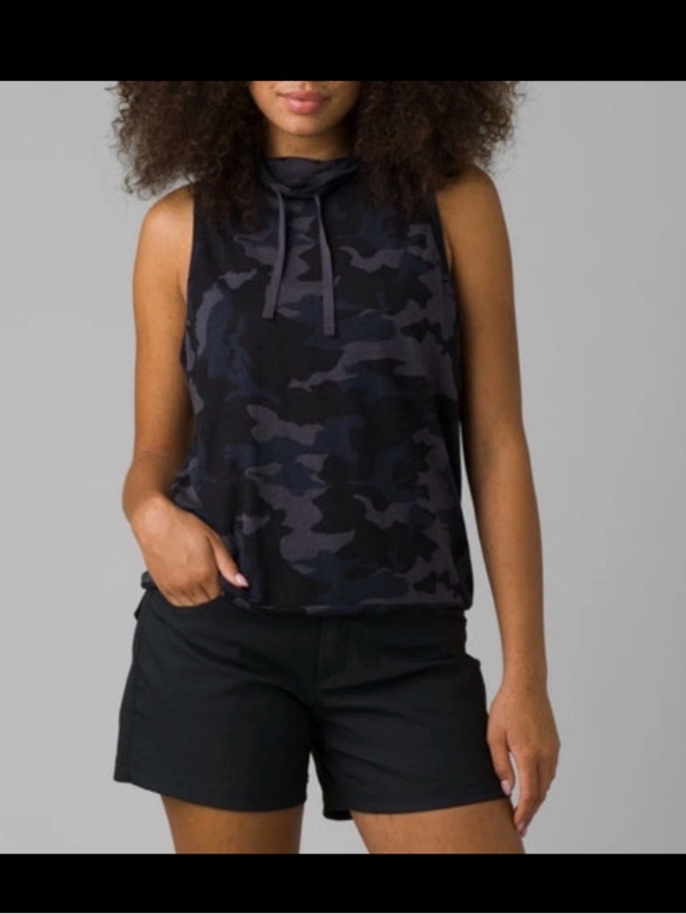 Prana Black Charcoal Camo Sleeveless Cowl Tank